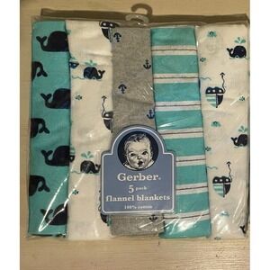 Gerber 5 Pack Flannel Blankets 100% Cotton Whale Anchor Nautical Teal Grey White